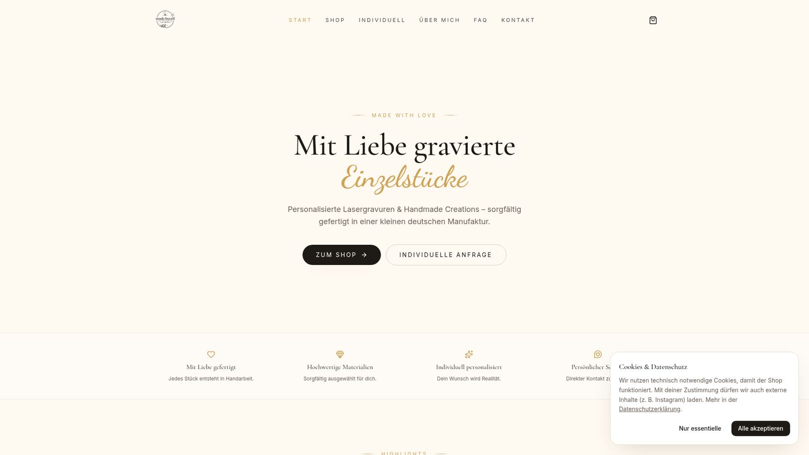 Screenshot des Online-Shops von made by celi – personalisierte Lasergravuren und Handmade Creations