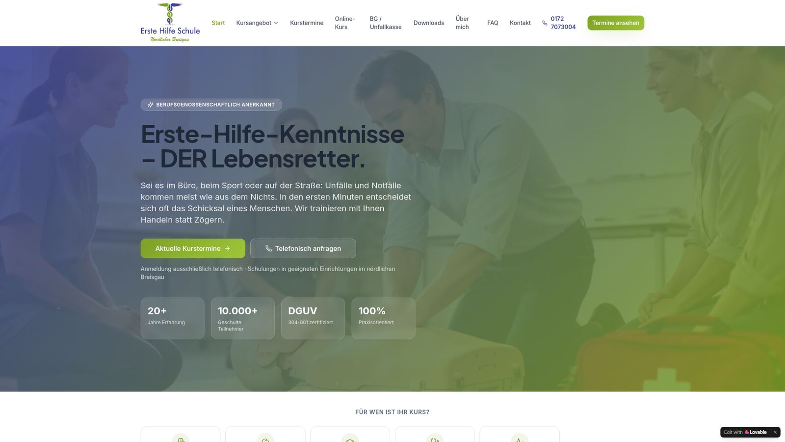 Neue Webseite von Erste Hilfe Lernen nach dem Relaunch durch SG IT Breisgau – modernes Hero-Design mit klarer Nutzerführung.